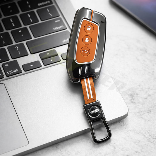 Metal Sapphire Key Cover With Key Chain Compatible with MG Hector | MG Windsor | MG Astor | MG Gloster 3 Button smart key)