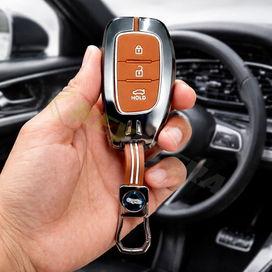 Metal Key Cover Compatible For Hyundai: i20, Creta, Venue, Tucson, Alcazar, Verna, Xcent, Aura, Elantra, Nios, I-10 Grand,Exter (3 Button Smart Key)