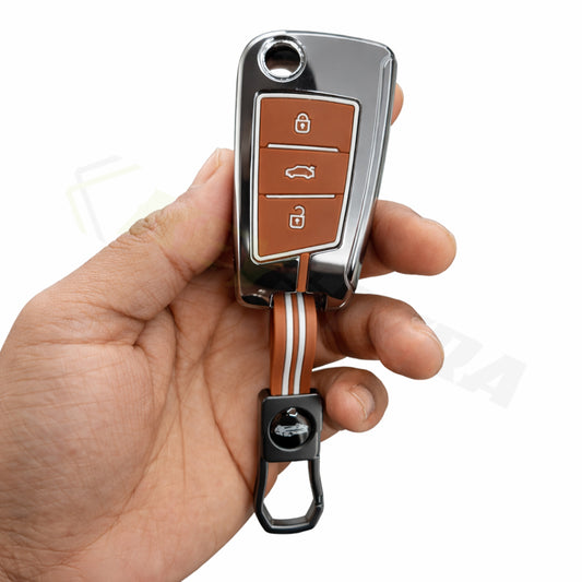 Metal Key Cover Compatible For Skoda Kushaq | Skoda Kodiaq | Skoda Slavia | Octavia | Volkswagen Tiguan | Volkswagen Virtus | New Polo | New Vento (3 Button)