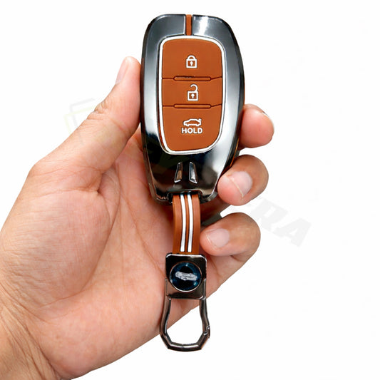 Metal Key Cover Compatible For Hyundai: i20, Creta, Venue, Tucson, Alcazar, Verna, Xcent, Aura, Elantra, Nios, I-10 Grand,Exter (3 Button Smart Key)