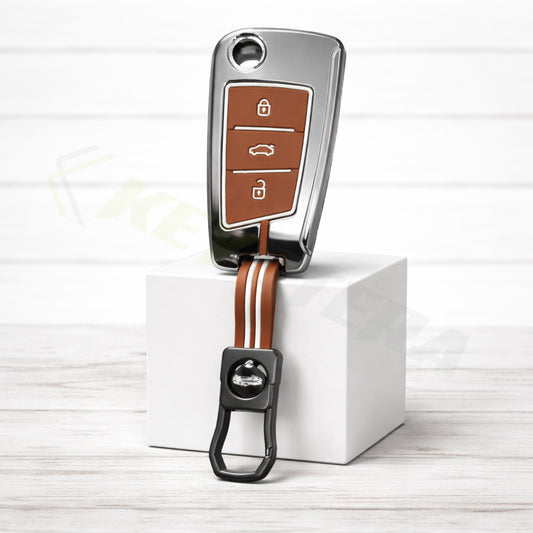 Metal Key Cover Compatible For Skoda Kushaq | Skoda Kodiaq | Skoda Slavia | Octavia | Volkswagen Tiguan | Volkswagen Virtus | New Polo | New Vento (3 Button)