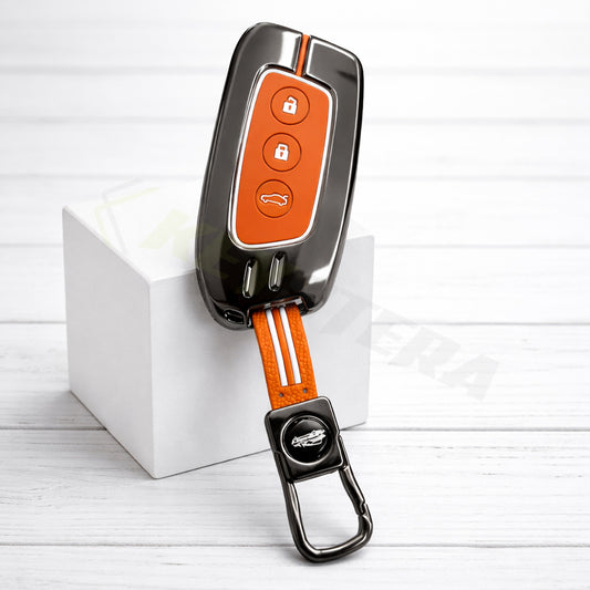 Metal Sapphire Key Cover With Key Chain Compatible with MG Hector | MG Windsor | MG Astor | MG Gloster 3 Button smart key)