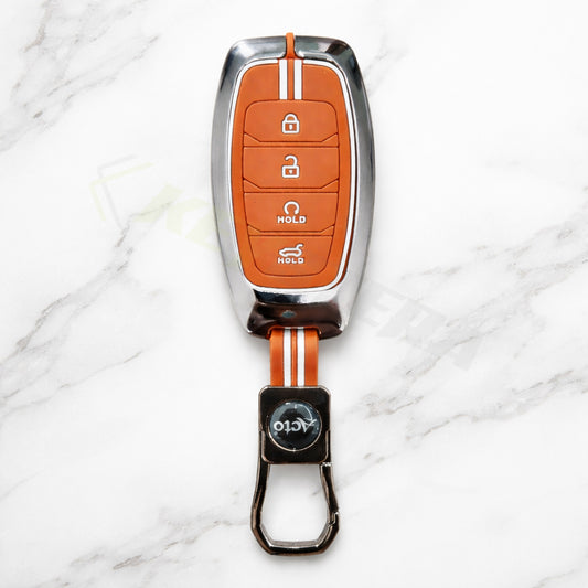 Metal Sapphire Key Cover With Key Chain Compatible with Hyundai: i20, Verna 2023 onwards (4 button smart key)