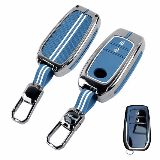 Metal Sapphire Key Cover With Key Chain Compatible with Toyota: Innova Crysta, Innova HyCross, Hilux (2 button smart key)