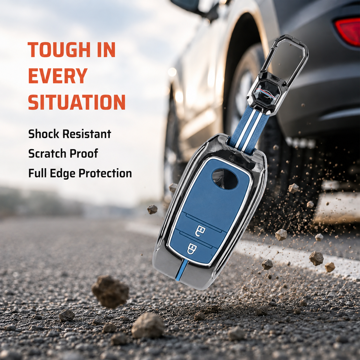 Metal Sapphire Key Cover With Key Chain Compatible with Toyota: Innova Crysta, Innova HyCross, Hilux (2 button smart key)