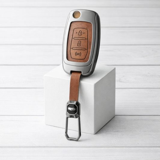 Metal Leather Brown Car Key Cover For Mahindra Alturas G4, XUV 300. ( 3 Button Flip Key)