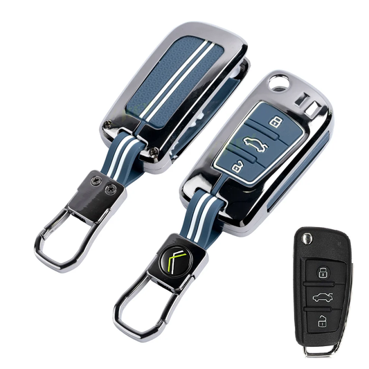 Metal Key Cover With Key Chain Compatible With Audi A3 | A6 | Q3 | Q5 | Q7 (3 Button Flip Key)