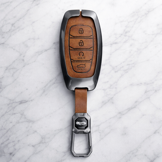 Metal Leather Brown Key Cover For Hyundai: i20, Verna 2023 onwards (4 button smart key)
