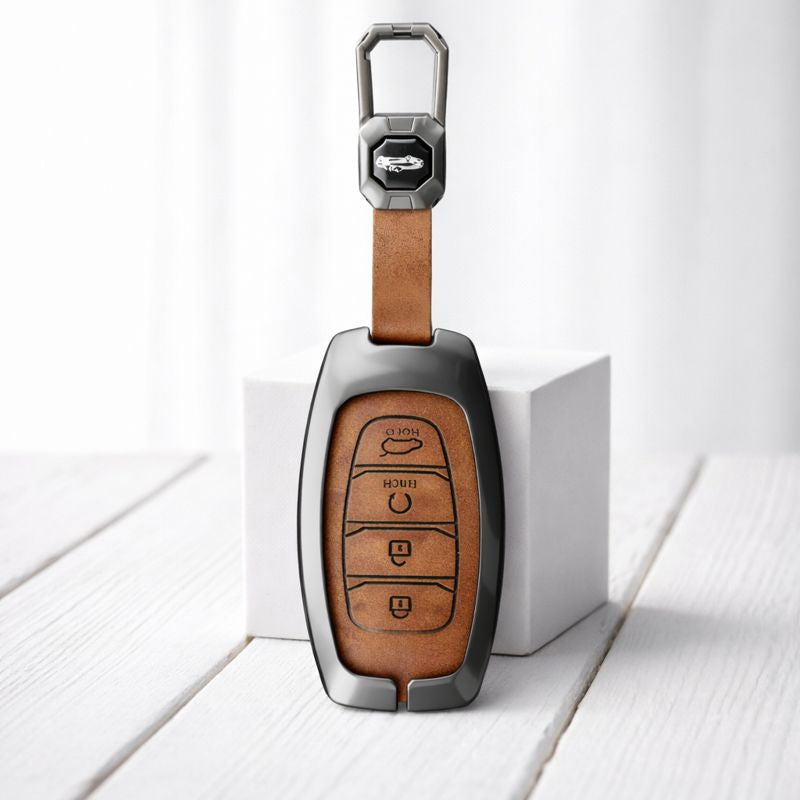 Metal Leather Brown Key Cover For Hyundai: i20, Verna 2023 onwards (4 button smart key)