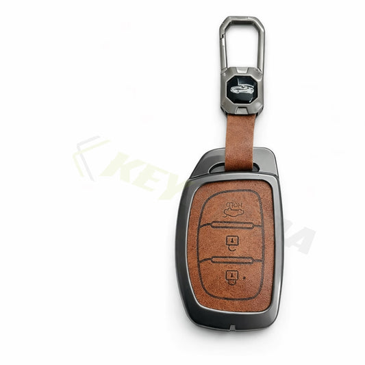 Metal Leather Brown Key Cover Compatible For Hyundai: i20, Creta, Venue, Tucson, Alcazar, Verna, Xcent, Aura, Elantra, Nios, I-10 Grand,Exter