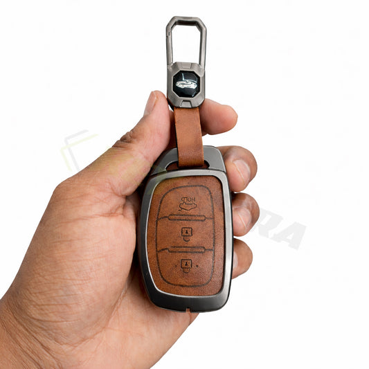 Metal Leather Brown Key Cover Compatible For Hyundai: i20, Creta, Venue, Tucson, Alcazar, Verna, Xcent, Aura, Elantra, Nios, I-10 Grand,Exter