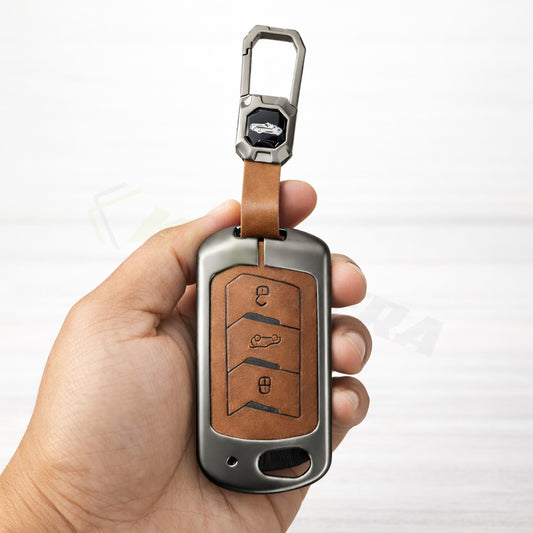 Metal Leather Brown Car Key Cover Compatible For Mahindra: Thar, Bolero, Scorpio, Scorpio-N, XUV700, XUV400, XUV3x0, XUV300, TUV300, Marazzo (3 button flip key)