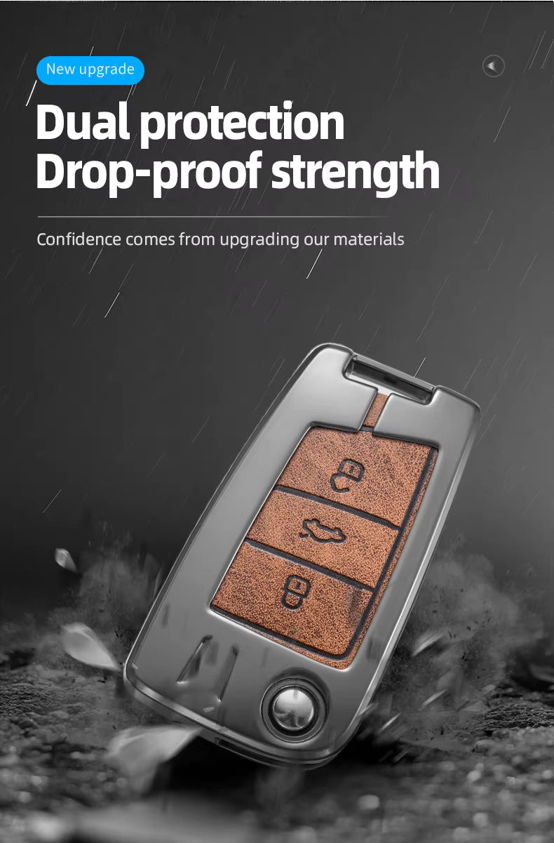 Metal Leather Brown Car Key Cover For Skoda Kushaq | Skoda Kodiaq | Skoda Slavia | Octavia | Volkswagen Tiguan | Volkswagen Virtus | New Polo | New Vento (3 Button Flip Key)
