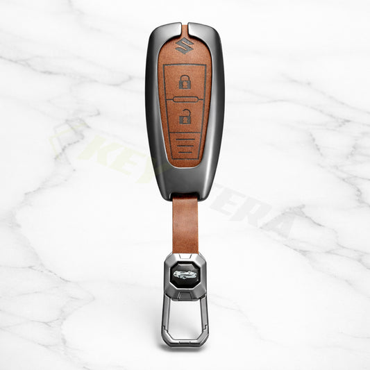 Metal Leather Brown Car Key Cover Compatible For Suzuki: Baleno, Ciaz, Ignis, S-Cross, Grand Vitara, Brezza & Toyota Urban Cruiser (3 Button smart key)