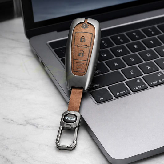 Metal Leather Brown Car Key Cover Compatible For Suzuki: Baleno, Ciaz, Ignis, S-Cross, Grand Vitara, Brezza & Toyota Urban Cruiser (3 Button smart key)