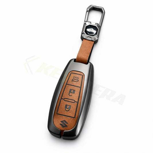 Metal Leather Brown Car Key Cover Compatible For Suzuki: Baleno, Ciaz, Grand Vitara, Brezza, S Cross, Swift, Ignis, XL6, Fronx, Jimny, Grand Vitara