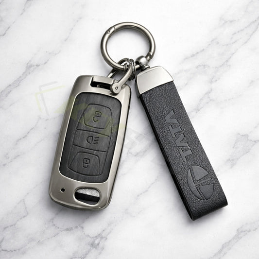 Metal Leather Black car Key Cover Compatible For Tata: Nexon, Harrier, Safari, Altroz, Punch, Tiago, Tigor, Zest, Bolt, Hexa