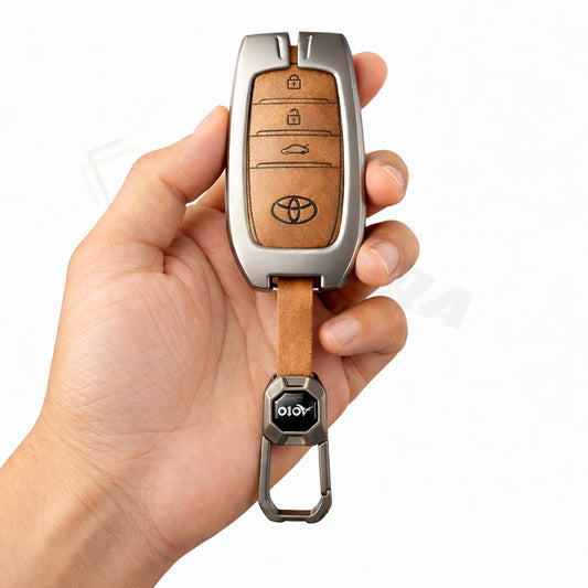 Metal Leather Brown Car Key Cover Compatible For Toyota: Innova Crysta, HyCross, Hilux, Fortuner, Legender, Land Cruiser, Camry (3 button smart key)