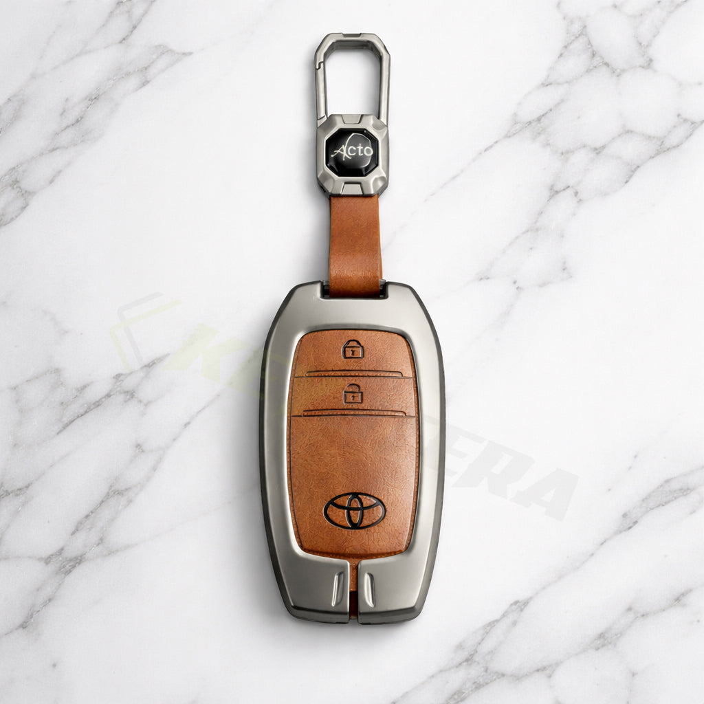 Metal Leather Brown Car Key Cover Compatible For Toyota: Innova Crysta, Innova HyCross, Hilux (2 button smart key)
