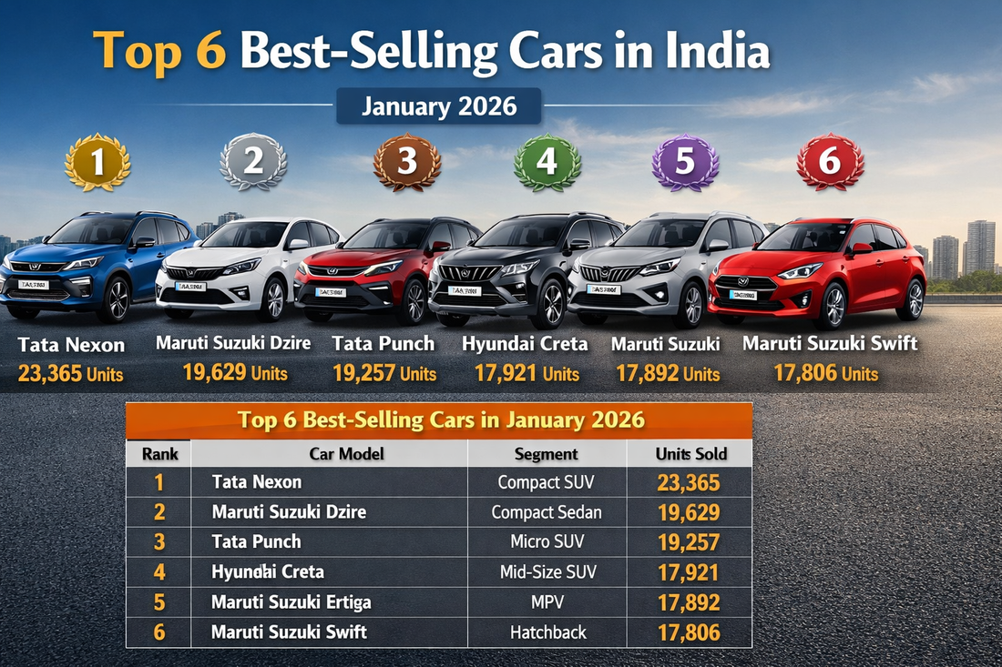 Top 6 Best-Selling Cars in India – January 2026