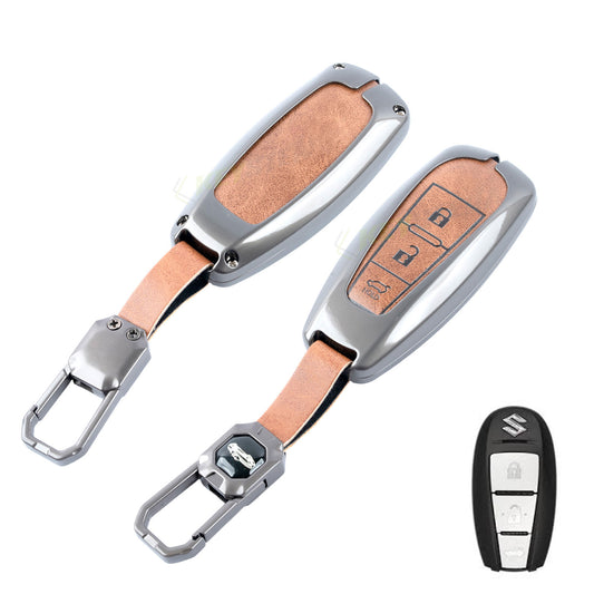 Metal Leather Brown Car Key Cover Compatible For Suzuki: Baleno, Ciaz, Grand Vitara, Brezza, S Cross, Swift, Ignis, XL6, Fronx, Jimny, Grand Vitara