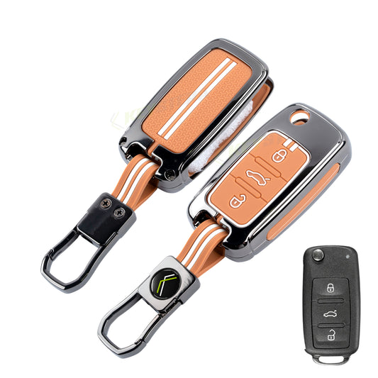 Metal Key Cover Compatible For Skoda : Octavia, Fabia, Laura, Superb, Rapid, Yeti & Volkswagen : Polo, Vento, Jetta, Ameo(3 Button Flip Key)