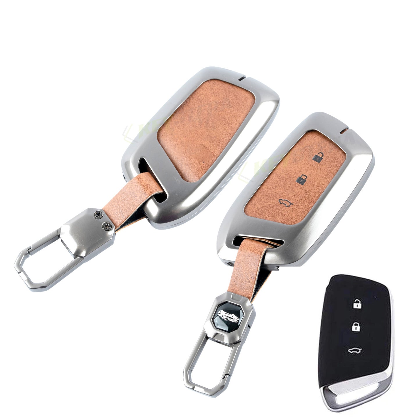 Metal Leather Brown Car Key Cover Compatible For MG Hector | MG Windsor | MG Astor | MG Gloster 3 Button smart key)