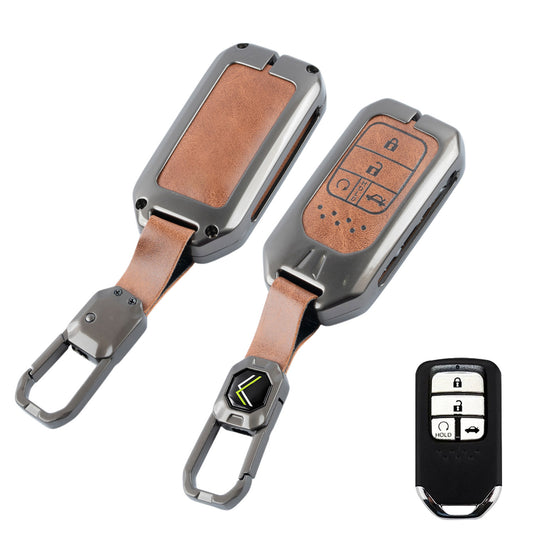 Metal Leather Brown Car Key Cover Compatible For Honda : City, Civic, Jazz, Brio, Amaze, Cr-v, Wr-v, Br-v, Mobilio (4B Smart Key)