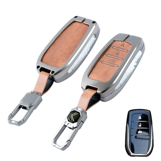 Metal Leather Brown Car Key Cover Compatible For Toyota: Innova Crysta, HyCross, Hilux, Fortuner, Legender, Land Cruiser, Camry (3 button smart key)