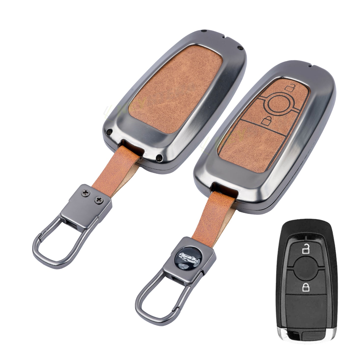 Metal Leather Key Cover Compatible for Ford Ecosport | Endeavour | Freestyle | Aspire | Figo (2 button Smart Key)