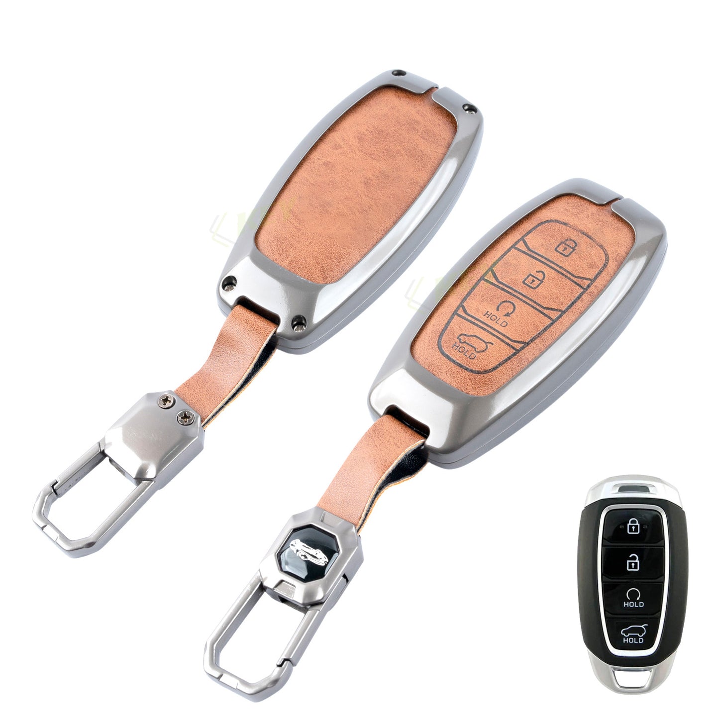 Metal Leather Brown Key Cover Compatible For Hyundai: i20, Verna 2023 onwards (4 button smart key)