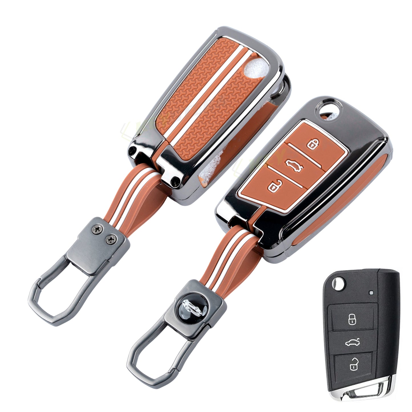 Metal Key Cover Compatible For Skoda Kushaq | Skoda Kodiaq | Skoda Slavia | Octavia | Volkswagen Tiguan | Volkswagen Virtus | New Polo | New Vento (3 Button)