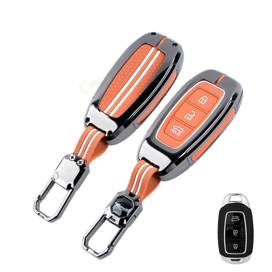 Metal Sapphire Key Cover With Key Chain Compatible with Hyundai : i20, Kona, Verna 2018 onwards (3 button smart key)