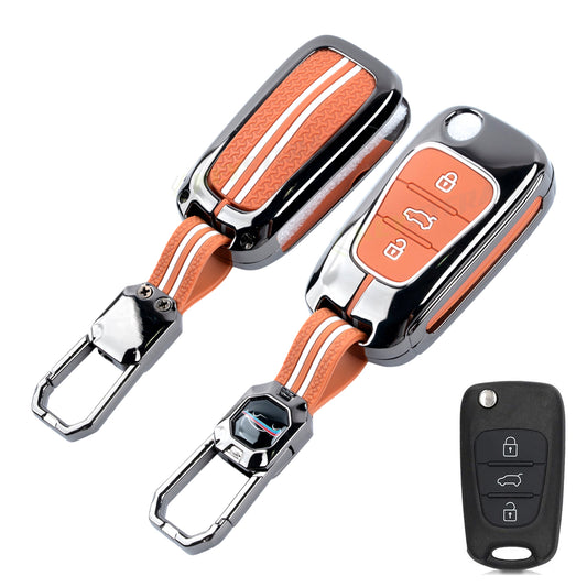 Metal Sapphire Key Cover With Key Chain Compatible For Hyundai Old Verna | Old Elentra | Old i20 | Old i10 (3 button Flip Key)