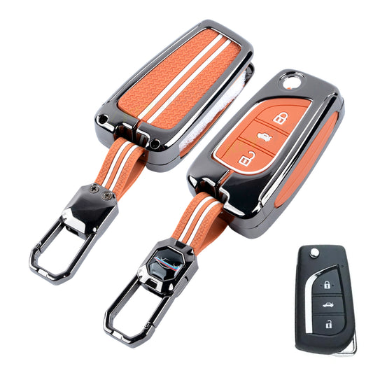 Metal Sapphire Key Cover With Key Chain Compatible with Toyota: Innova Crysta, Corolla Altis. (3 button flip key)