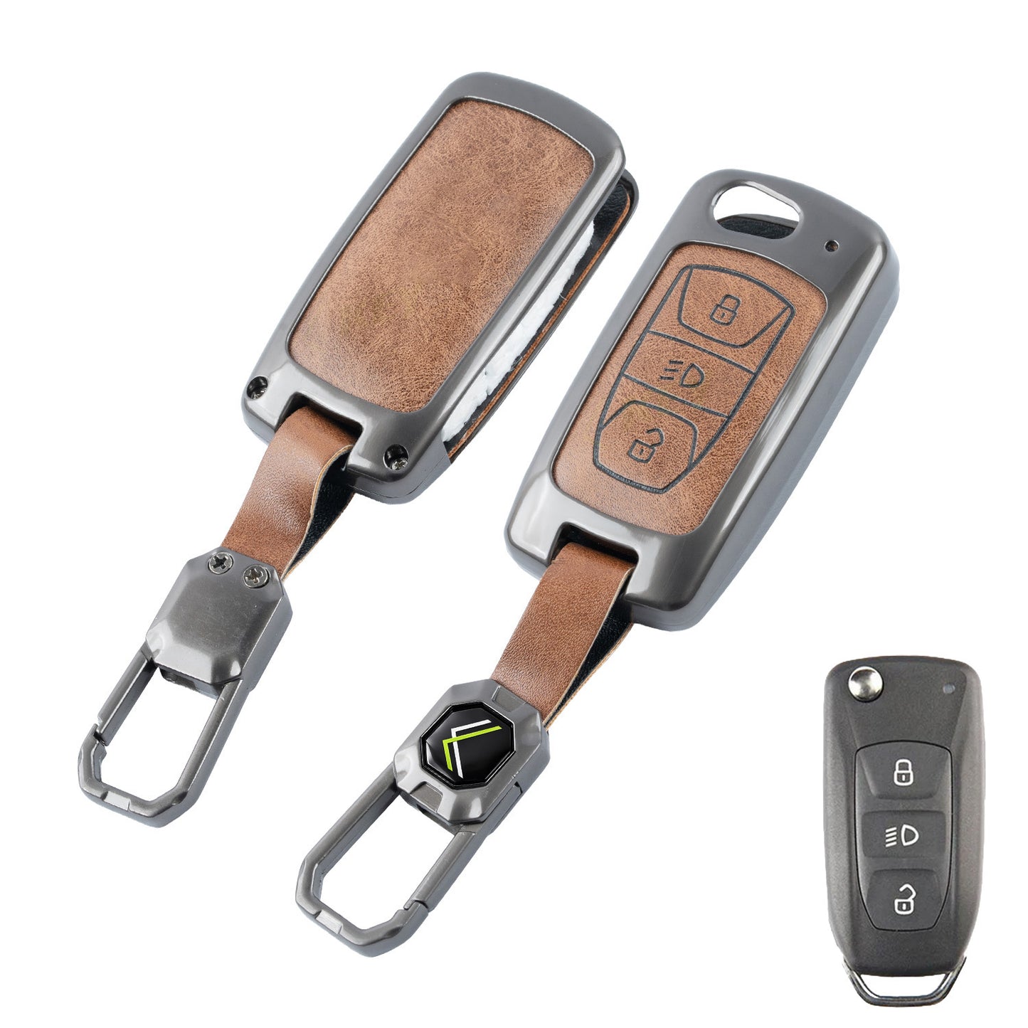 Metal Leather Brown car Key Cover Compatible For Tata: Nexon, Harrier, Safari, Altroz, Punch, Tiago, Tigor, Zest, Bolt, Hexa (3 button Flip Key)