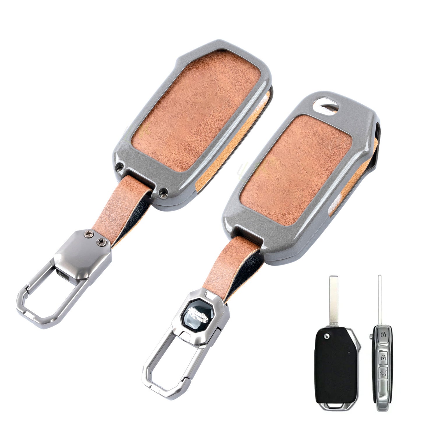 Metal Leather Brown Car Key Cover Compatible For kia : Seltos, Sonet, Carens, Carens Clavis  (3 Button Flip Key)