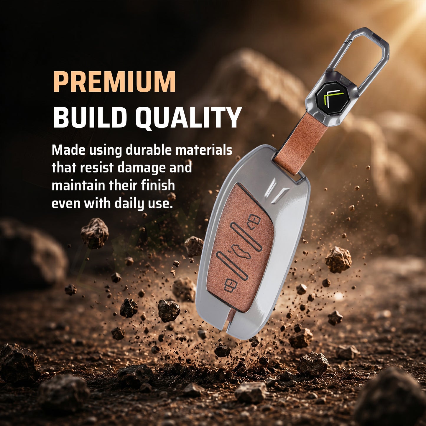 Metal Leather Brown Car Key Cover Compatible For MG Astor, MG ZS EV (3 Button smart key)