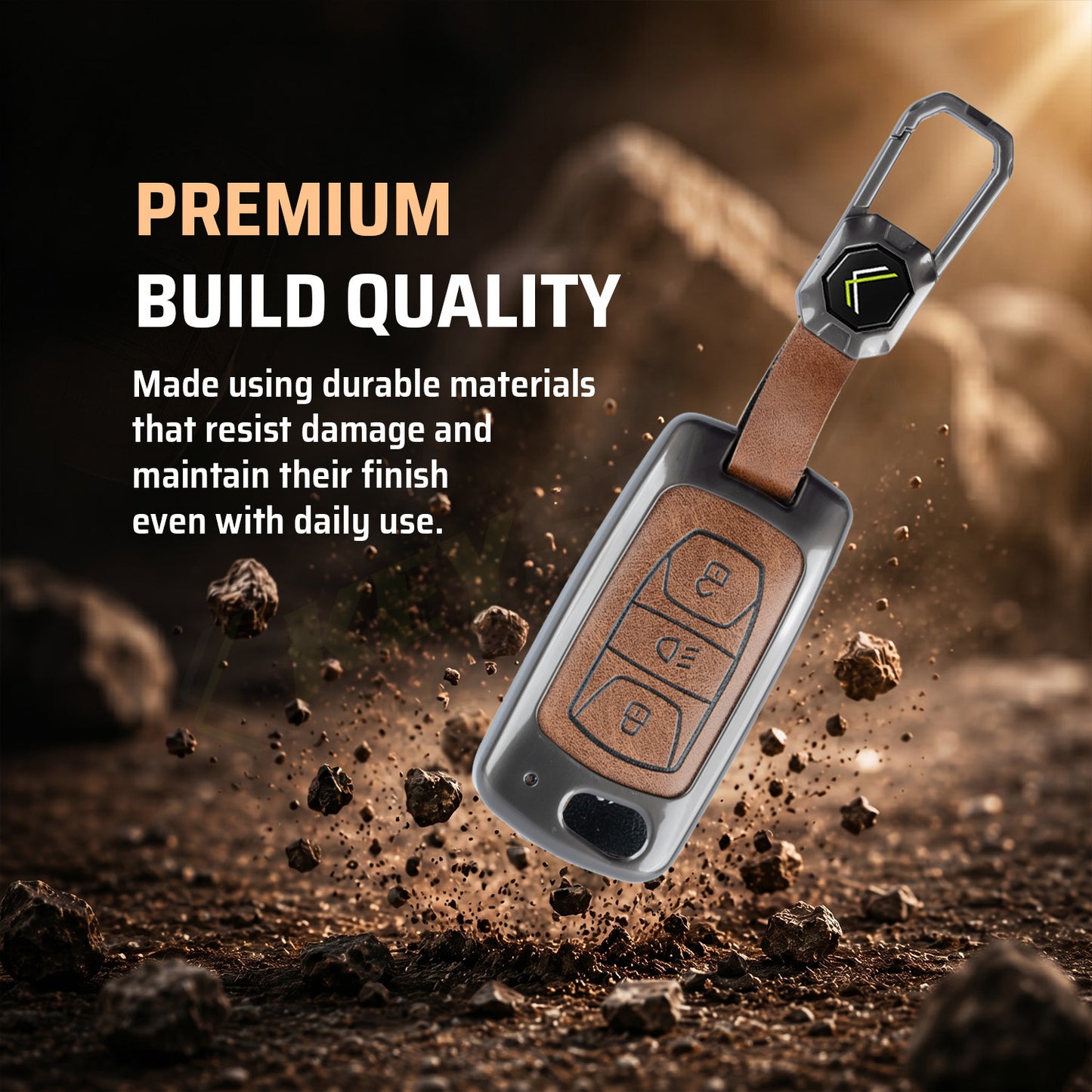 Metal Leather Brown car Key Cover Compatible For Tata: Nexon, Harrier, Safari, Altroz, Punch, Tiago, Tigor, Zest, Bolt, Hexa (3 button Flip Key)