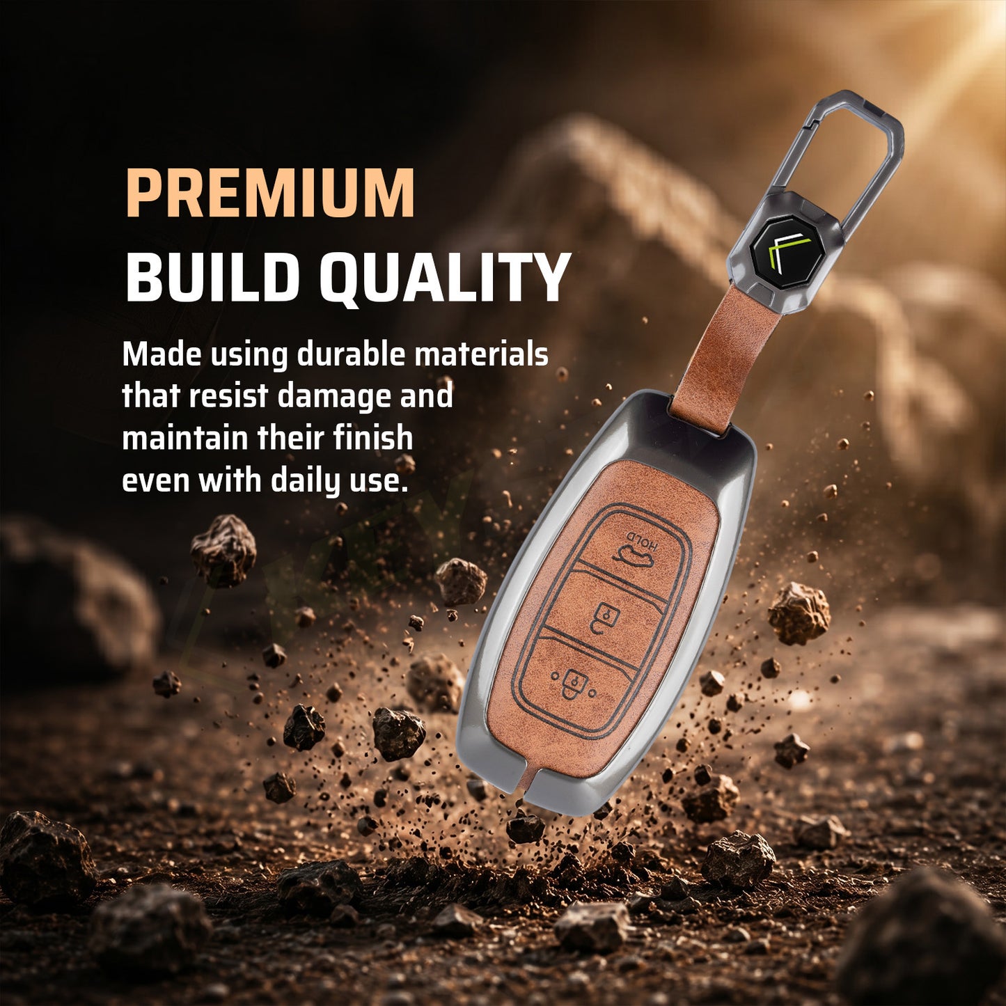 Metal Leather Brown Car Key Cover Compatible For Hyundai : i20, Kona, Verna 2018 onwards (3 button smart key)