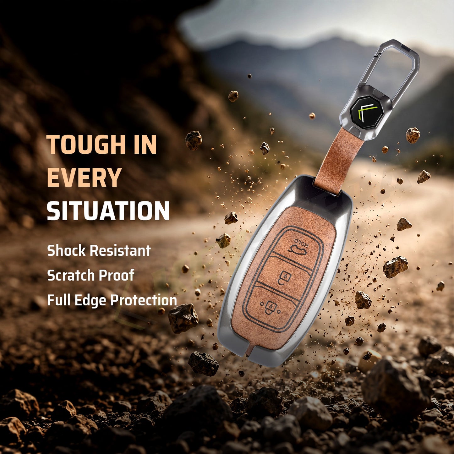 Metal Leather Brown Car Key Cover Compatible For Hyundai : i20, Kona, Verna 2018 onwards (3 button smart key)