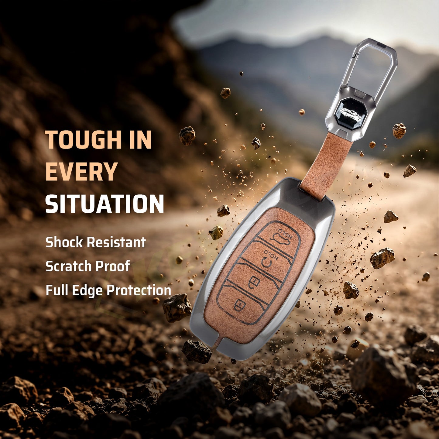Metal Leather Brown Key Cover Compatible For Hyundai: i20, Verna 2023 onwards (4 button smart key)