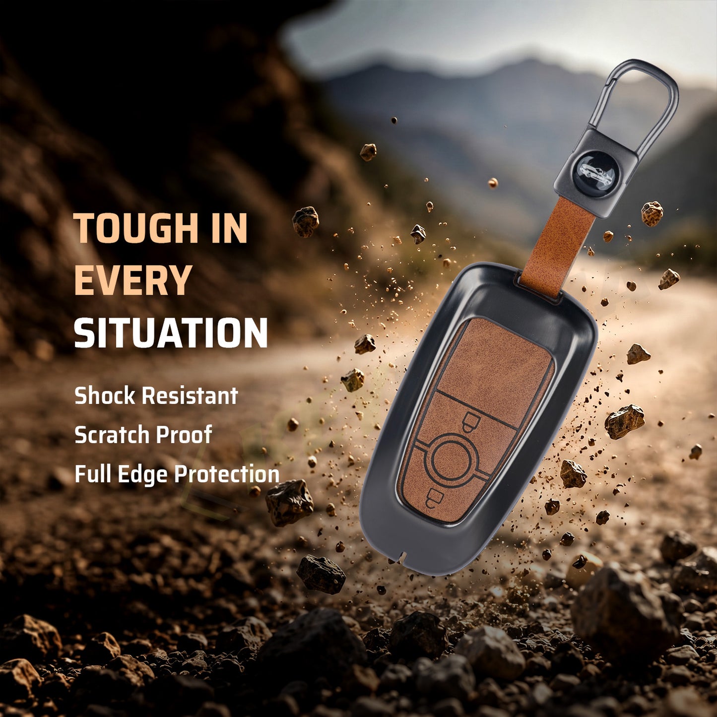 Metal Leather Key Cover Compatible for Ford Ecosport | Endeavour | Freestyle | Aspire | Figo (2 button Smart Key)