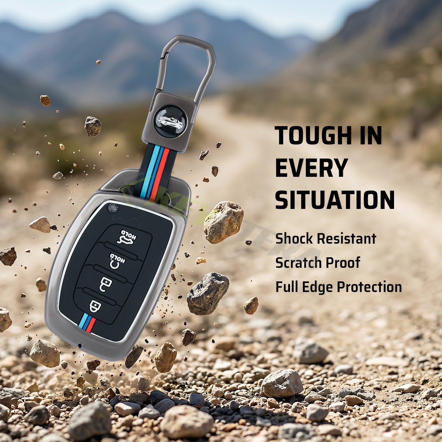 Metal Silicone Key Cover Compatible for Hyundai: Alcazar, Creta 2021 onwards (4 button smart key)