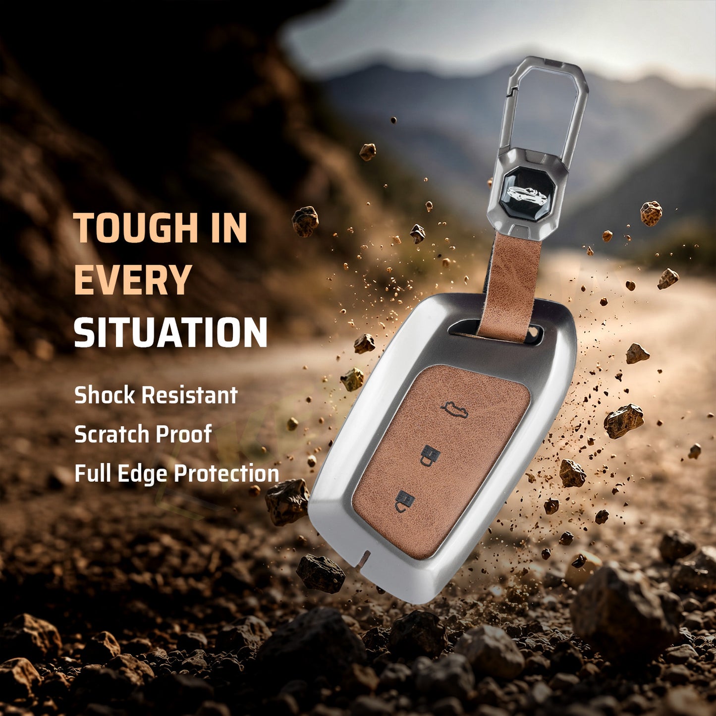 Metal Leather Brown Car Key Cover Compatible For MG Hector | MG Windsor | MG Astor | MG Gloster 3 Button smart key)