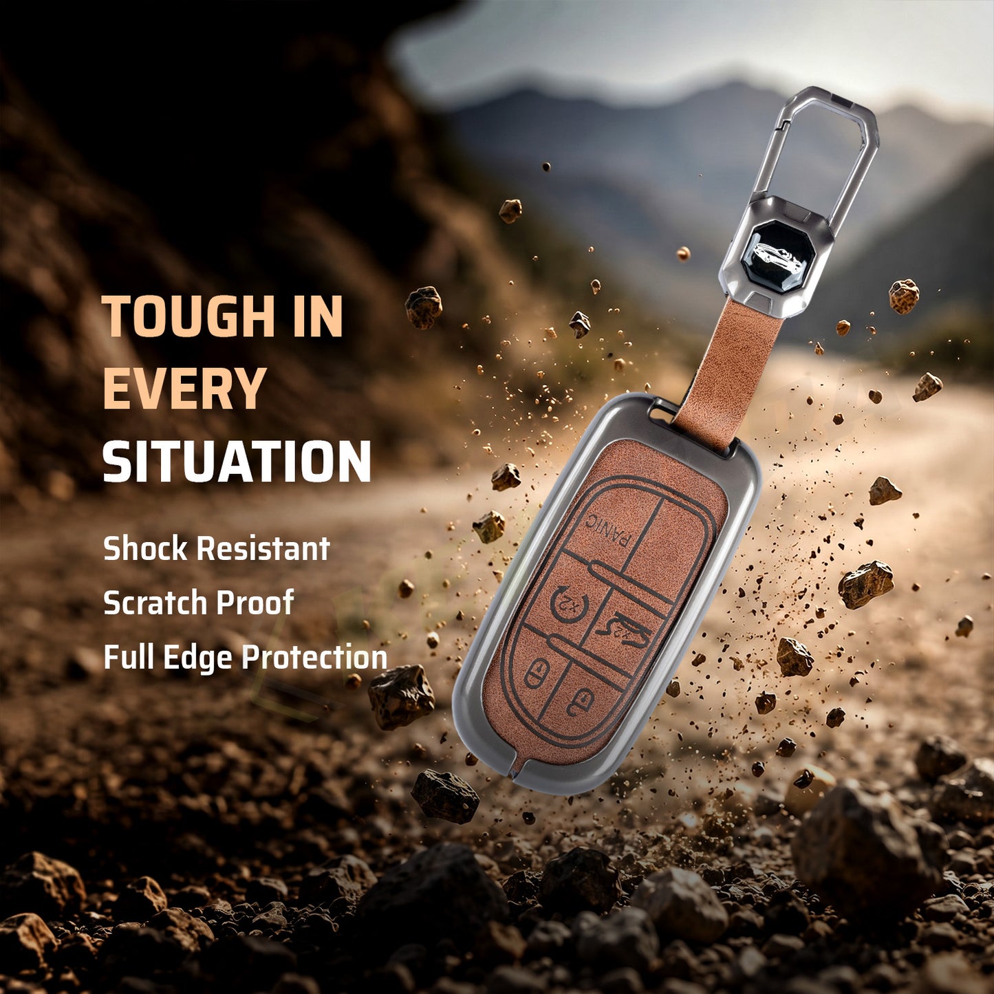Metal Leather Brown Car Key Cover Compatible For Jeep Compass Smart Key