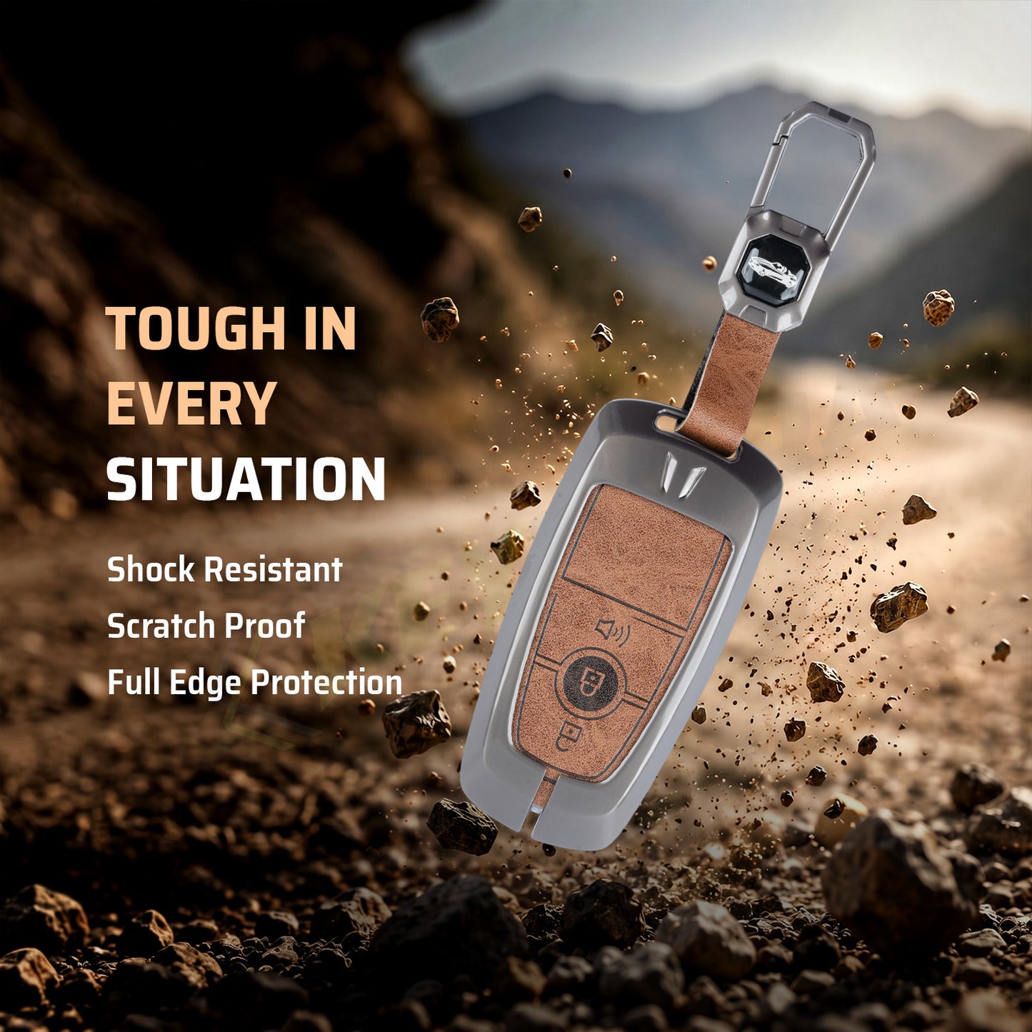 Metal Leather Car Key Cover Compatible For Ford : Figo, Aspire, Ecosport, Endeavour | 3 button Smart Key