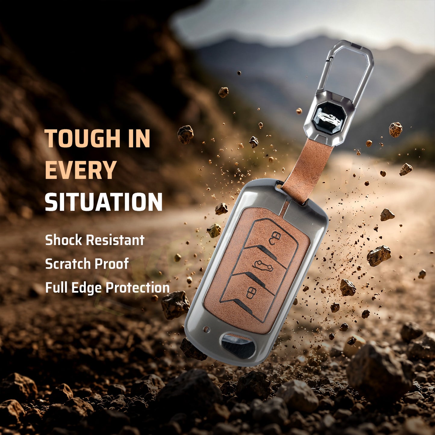 Metal Leather Brown Car Key Cover Compatible For Mahindra: Thar, Bolero, Scorpio, Scorpio-N, XUV700, XUV400, XUV3x0, XUV300, TUV300, Marazzo (3 button flip key)