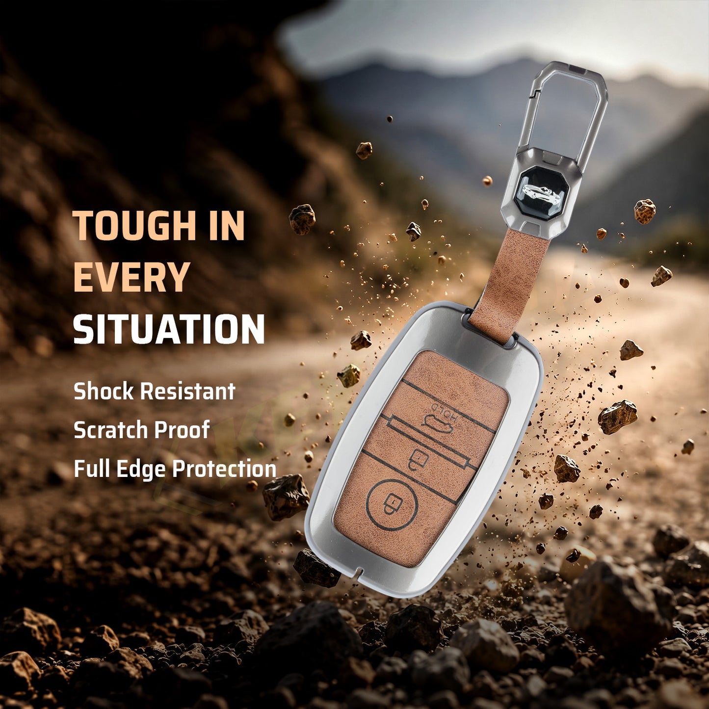 Metal Leather Brown Car Key Cover Compatible For Kia Seltos, Kia Sonet,Kia Carens,Kia Carnival (3 Button Smart Key)