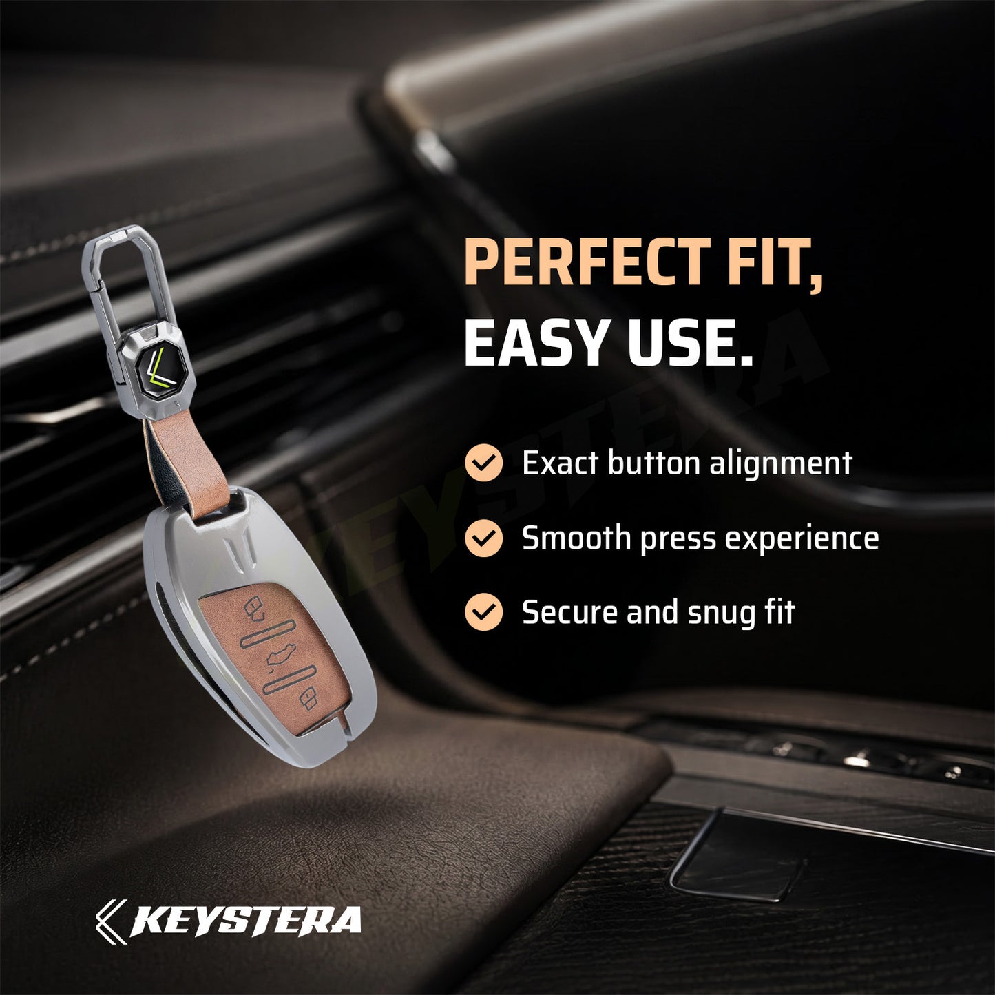 Metal Leather Brown Car Key Cover Compatible For MG Astor, MG ZS EV (3 Button smart key)